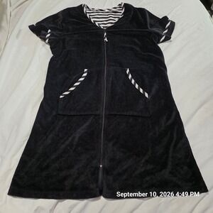 Jasmine Rose Womens Black Velour Zip Front Robe House Dress Striped Trim Medium